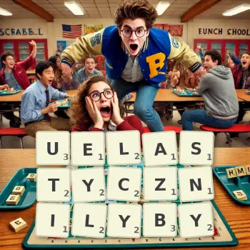 Kreatywna ilustracja do gry w Scrabble ze słowem UELASTYCZNILYBY ułożonym z płytek na planszy.