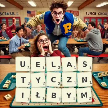 Kreatywna ilustracja do gry w Scrabble ze słowem UELASTYCZNIŁBYM ułożonym z płytek na planszy.