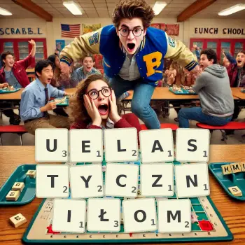 Kreatywna ilustracja do gry w Scrabble ze słowem UELASTYCZNIŁOM ułożonym z płytek na planszy.