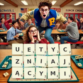 Kreatywna ilustracja do gry w Scrabble ze słowem UETYCZNIAJĄCYMI ułożonym z płytek na planszy.