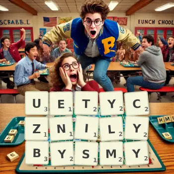 Kreatywna ilustracja do gry w Scrabble ze słowem UETYCZNILYBYSMY ułożonym z płytek na planszy.