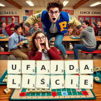 Kreatywna ilustracja do gry w Scrabble ze słowem UFAJDALIŚCIE ułożonym z płytek na planszy.