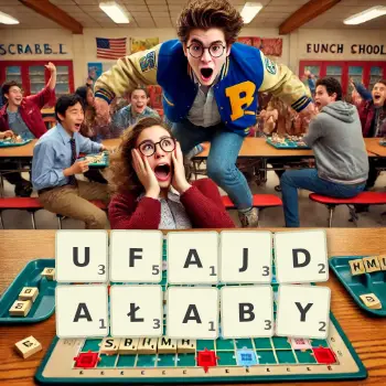 Kreatywna ilustracja do gry w Scrabble ze słowem UFAJDAŁABY ułożonym z płytek na planszy.