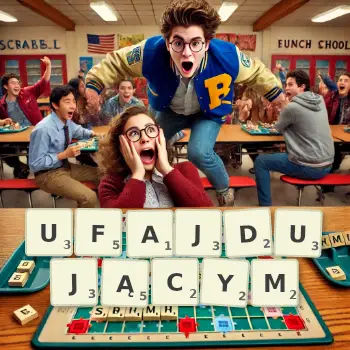Kreatywna ilustracja do gry w Scrabble ze słowem UFAJDUJĄCYM ułożonym z płytek na planszy.