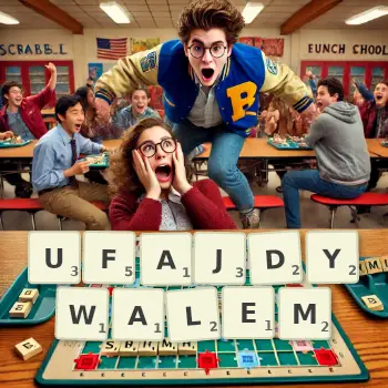 Kreatywna ilustracja do gry w Scrabble ze słowem UFAJDYWALEM ułożonym z płytek na planszy.