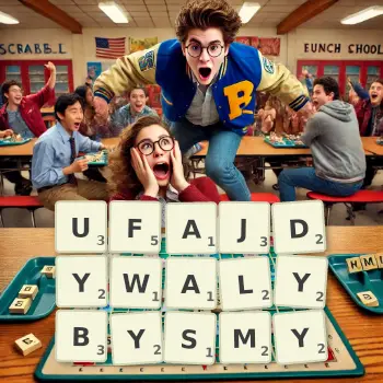 Kreatywna ilustracja do gry w Scrabble ze słowem UFAJDYWALYBYSMY ułożonym z płytek na planszy.