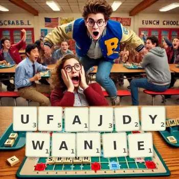 Kreatywna ilustracja do gry w Scrabble ze słowem UFAJDYWANIE ułożonym z płytek na planszy.