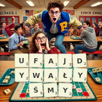 Kreatywna ilustracja do gry w Scrabble ze słowem UFAJDYWAŁYŚMY ułożonym z płytek na planszy.