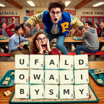 Kreatywna ilustracja do gry w Scrabble ze słowem UFALDOWALIBYSMY ułożonym z płytek na planszy.