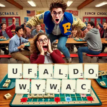 Kreatywna ilustracja do gry w Scrabble ze słowem UFALDOWYWAC ułożonym z płytek na planszy.