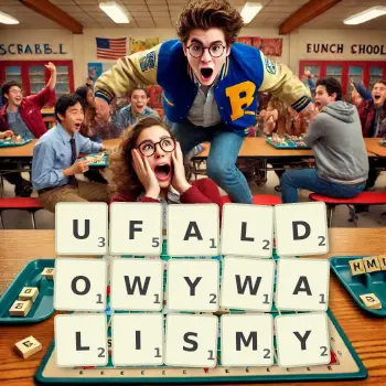 Kreatywna ilustracja do gry w Scrabble ze słowem UFALDOWYWALISMY ułożonym z płytek na planszy.