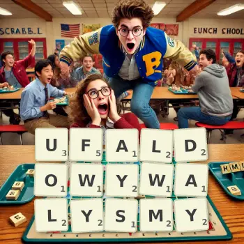 Kreatywna ilustracja do gry w Scrabble ze słowem UFALDOWYWALYSMY ułożonym z płytek na planszy.