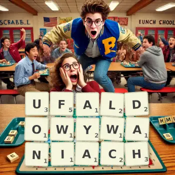 Kreatywna ilustracja do gry w Scrabble ze słowem UFALDOWYWANIACH ułożonym z płytek na planszy.