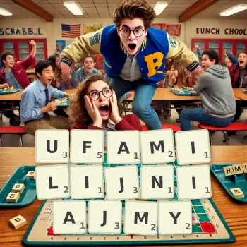 Kreatywna ilustracja do gry w Scrabble ze słowem UFAMILIJNIAJMY ułożonym z płytek na planszy.