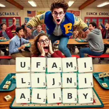 Kreatywna ilustracja do gry w Scrabble ze słowem UFAMILIJNIALIBY ułożonym z płytek na planszy.
