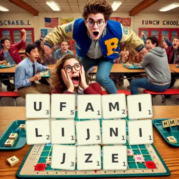 Kreatywna ilustracja do gry w Scrabble ze słowem UFAMILIJNIJZE ułożonym z płytek na planszy.