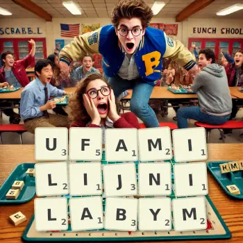 Kreatywna ilustracja do gry w Scrabble ze słowem UFAMILIJNILABYM ułożonym z płytek na planszy.