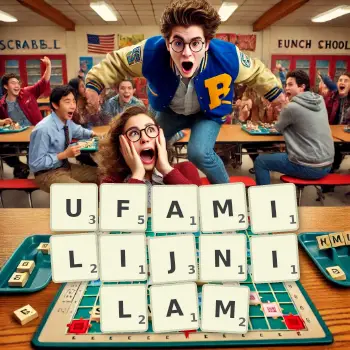 Kreatywna ilustracja do gry w Scrabble ze słowem UFAMILIJNILAM ułożonym z płytek na planszy.