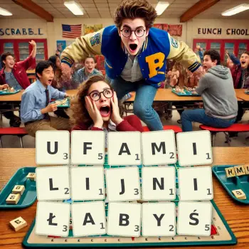 Kreatywna ilustracja do gry w Scrabble ze słowem UFAMILIJNIŁABYŚ ułożonym z płytek na planszy.