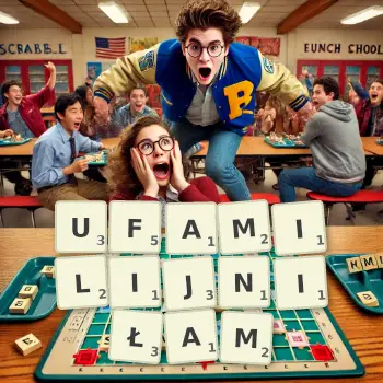 Kreatywna ilustracja do gry w Scrabble ze słowem UFAMILIJNIŁAM ułożonym z płytek na planszy.