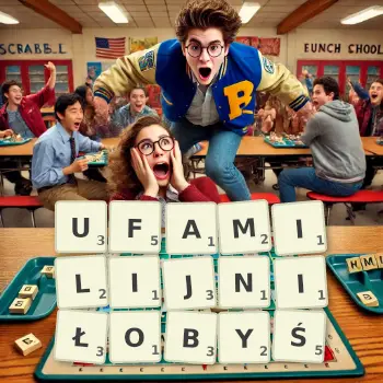 Kreatywna ilustracja do gry w Scrabble ze słowem UFAMILIJNIŁOBYŚ ułożonym z płytek na planszy.