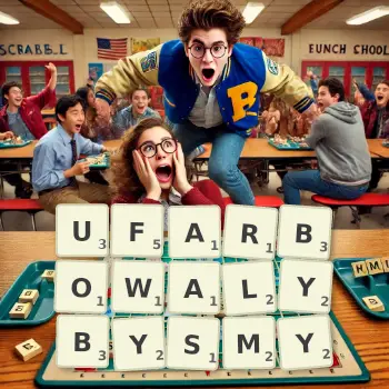 Kreatywna ilustracja do gry w Scrabble ze słowem UFARBOWALYBYSMY ułożonym z płytek na planszy.