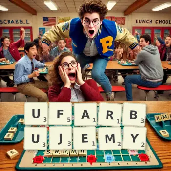 Kreatywna ilustracja do gry w Scrabble ze słowem UFARBUJEMY ułożonym z płytek na planszy.