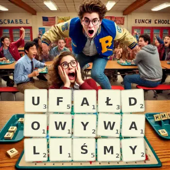 Kreatywna ilustracja do gry w Scrabble ze słowem UFAŁDOWYWALIŚMY ułożonym z płytek na planszy.