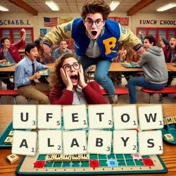 Kreatywna ilustracja do gry w Scrabble ze słowem UFETOWALABYS ułożonym z płytek na planszy.