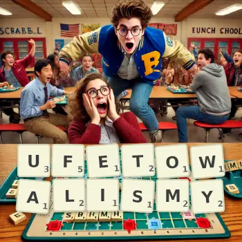 Kreatywna ilustracja do gry w Scrabble ze słowem UFETOWALISMY ułożonym z płytek na planszy.