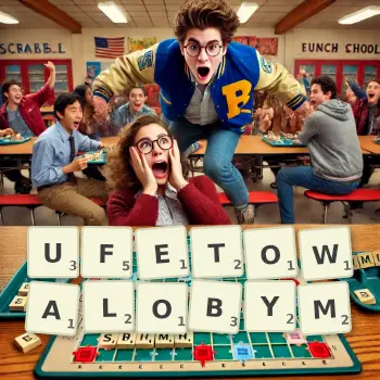 Kreatywna ilustracja do gry w Scrabble ze słowem UFETOWALOBYM ułożonym z płytek na planszy.