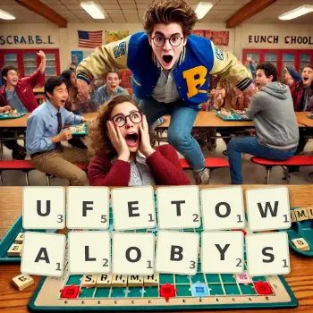 Kreatywna ilustracja do gry w Scrabble ze słowem UFETOWALOBYS ułożonym z płytek na planszy.