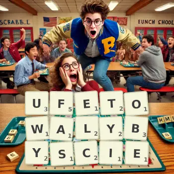 Kreatywna ilustracja do gry w Scrabble ze słowem UFETOWALYBYSCIE ułożonym z płytek na planszy.