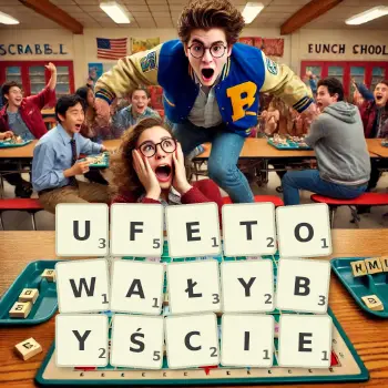 Kreatywna ilustracja do gry w Scrabble ze słowem UFETOWAŁYBYŚCIE ułożonym z płytek na planszy.