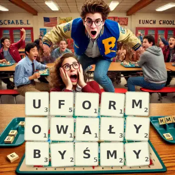 Kreatywna ilustracja do gry w Scrabble ze słowem UFORMOWAŁYBYŚMY ułożonym z płytek na planszy.