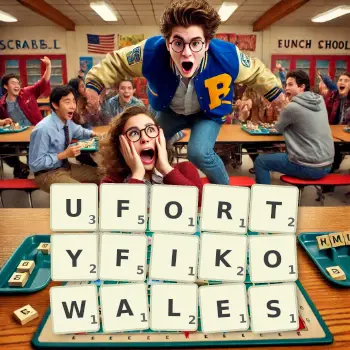 Kreatywna ilustracja do gry w Scrabble ze słowem UFORTYFIKOWALES ułożonym z płytek na planszy.