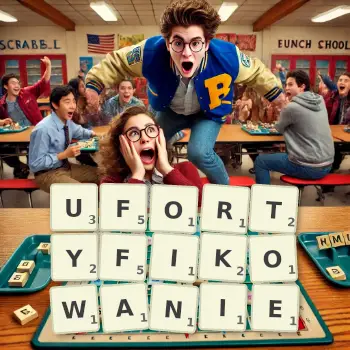 Kreatywna ilustracja do gry w Scrabble ze słowem UFORTYFIKOWANIE ułożonym z płytek na planszy.