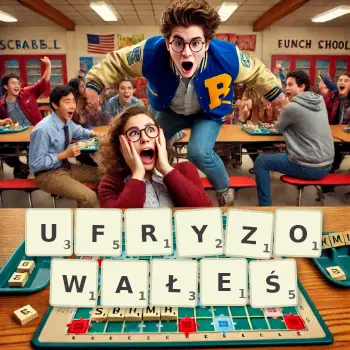 Kreatywna ilustracja do gry w Scrabble ze słowem UFRYZOWAŁEŚ ułożonym z płytek na planszy.