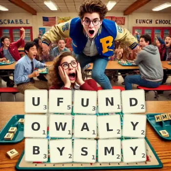 Kreatywna ilustracja do gry w Scrabble ze słowem UFUNDOWALYBYSMY ułożonym z płytek na planszy.