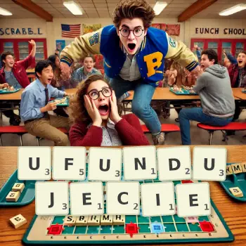 Kreatywna ilustracja do gry w Scrabble ze słowem UFUNDUJECIE ułożonym z płytek na planszy.