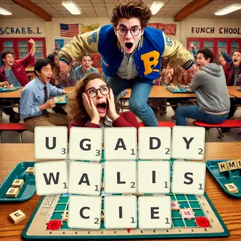 Kreatywna ilustracja do gry w Scrabble ze słowem UGADYWALISCIE ułożonym z płytek na planszy.