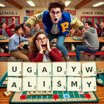 Kreatywna ilustracja do gry w Scrabble ze słowem UGADYWALIŚMY ułożonym z płytek na planszy.