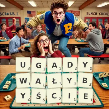 Kreatywna ilustracja do gry w Scrabble ze słowem UGADYWAŁYBYŚCIE ułożonym z płytek na planszy.