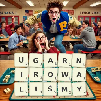 Kreatywna ilustracja do gry w Scrabble ze słowem UGARNIROWALIŚMY ułożonym z płytek na planszy.