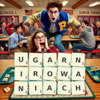 Kreatywna ilustracja do gry w Scrabble ze słowem UGARNIROWANIACH ułożonym z płytek na planszy.