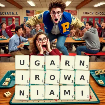 Kreatywna ilustracja do gry w Scrabble ze słowem UGARNIROWANIAMI ułożonym z płytek na planszy.