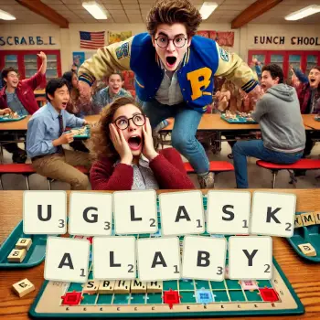 Kreatywna ilustracja do gry w Scrabble ze słowem UGLASKALABY ułożonym z płytek na planszy.