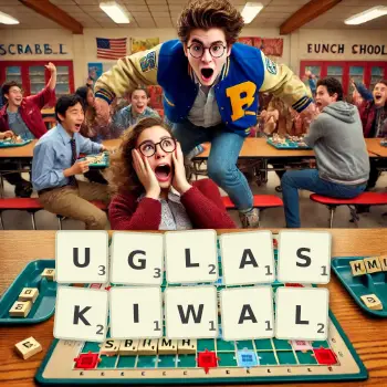 Kreatywna ilustracja do gry w Scrabble ze słowem UGLASKIWAL ułożonym z płytek na planszy.