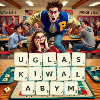 Kreatywna ilustracja do gry w Scrabble ze słowem UGLASKIWALABYM ułożonym z płytek na planszy.