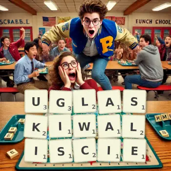 Kreatywna ilustracja do gry w Scrabble ze słowem UGLASKIWALISCIE ułożonym z płytek na planszy.